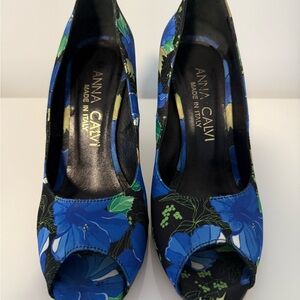 Blue Floral Peep Toe Heels